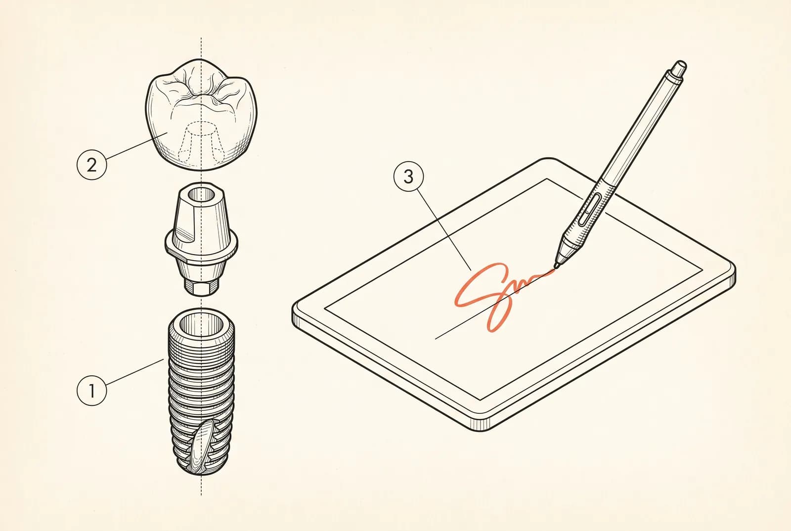 Illustration technique : vue éclatée d’un implant dentaire, de sa couronne, et une signature sur tablette